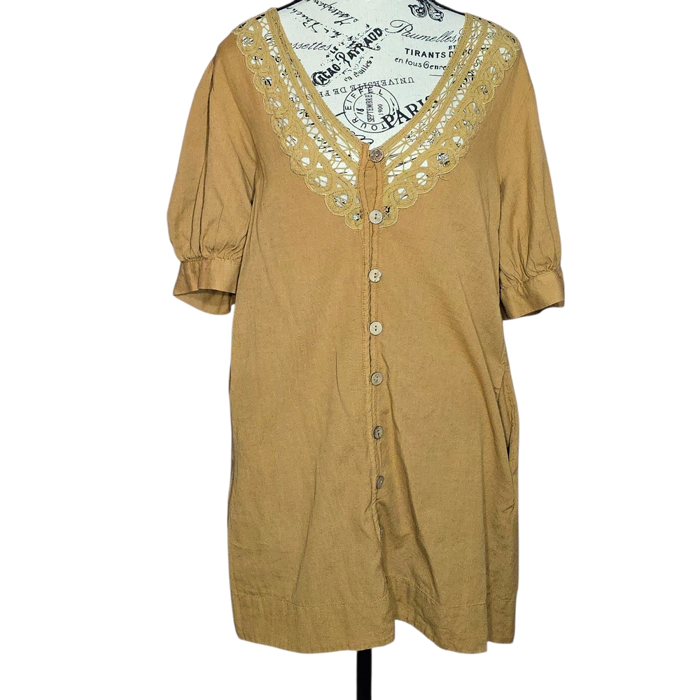 Free People Mustard Breathable Yellow Crochet Mini Short-sleeved Dress S